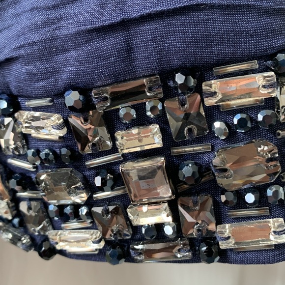 Eliza J navy faux wrap silk look lined dress 3/4 jewelled sleeves EUC - Picture 2 of 8